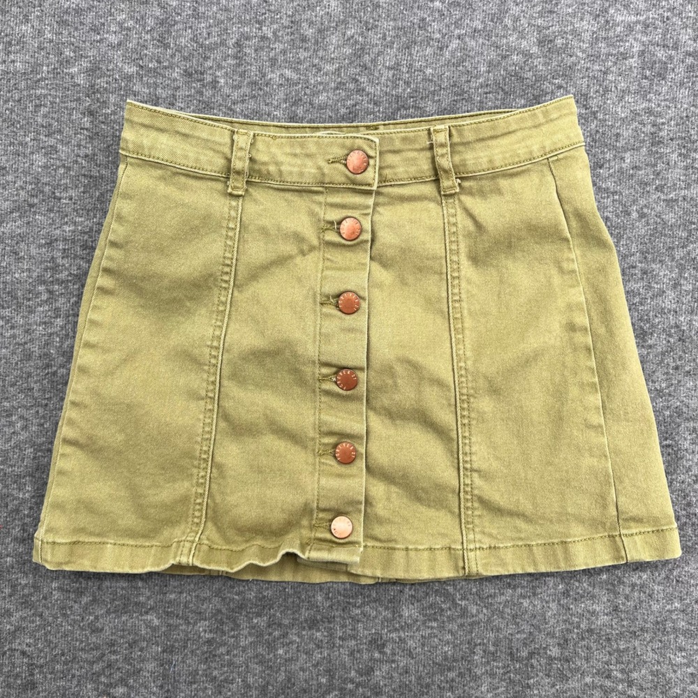 Forever 21 Olive Green Button Front Denim Mini Skirt High Rise Utility Size 28‎